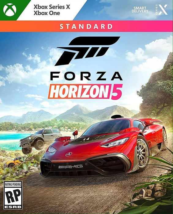 Official cover art for Forza Horizon 5 Standard Edition on Xbox Series X, Xbox One, and Windows 10, featuring a red Mercedes-AMG Project One racing through a tropical landscape. Get your Forza Horizon 5 Standard Edition digital key now at RushGame.co and experience the thrill of open-world racing