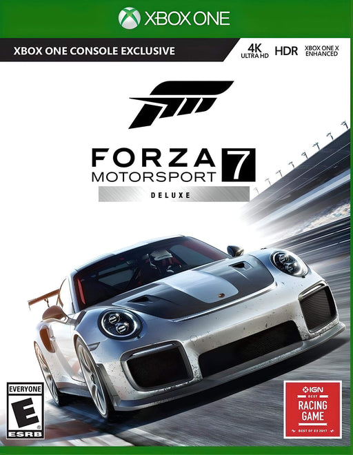 Official cover art for Forza Motorsport 7 Deluxe Edition on Xbox One and PC, featuring a silver Porsche 911 GT2 RS racing on a track. Buy your Forza Motorsport 7 Deluxe Edition digital key at RushGame.co and experience stunning 4K racing action