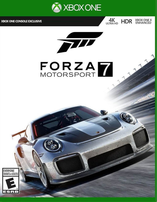 Official cover art for Forza Motorsport 7 Standard Edition on Xbox One and Xbox Series X/S, featuring a silver Porsche 911 GT2 RS racing at high speed. Buy your Forza Motorsport 7 Standard Edition digital key now at RushGame.co and experience intense track racing in stunning 4K