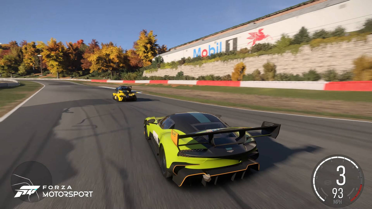 Fast-paced gameplay from Forza Motorsport 8 Deluxe Edition on Xbox Series X/S & PC Win 10 CD Key US, featuring bright fall foliage and supercars speeding through a curve