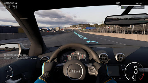 Gameplay screenshot - First-person cockpit view from an Audi TT RS in Forza Motorsport, racing on a professional circuit with an interactive driving HUD. Unlock premium racing content with Forza Motorsport - Premium Add-Ons Bundle DLC on Xbox Series X/S at RushGame.co