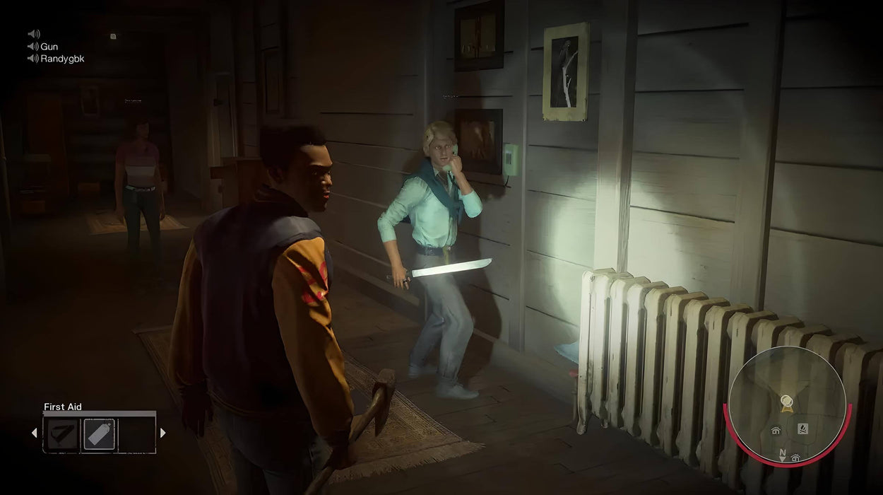 Friday the 13th: The Game multiplayer gameplay screenshot, featuring two camp counselors inside a dimly lit cabin. One holds a machete while another looks toward the door. Team up and survive Jason's attacks—get your Xbox One CD key at RushGame.co