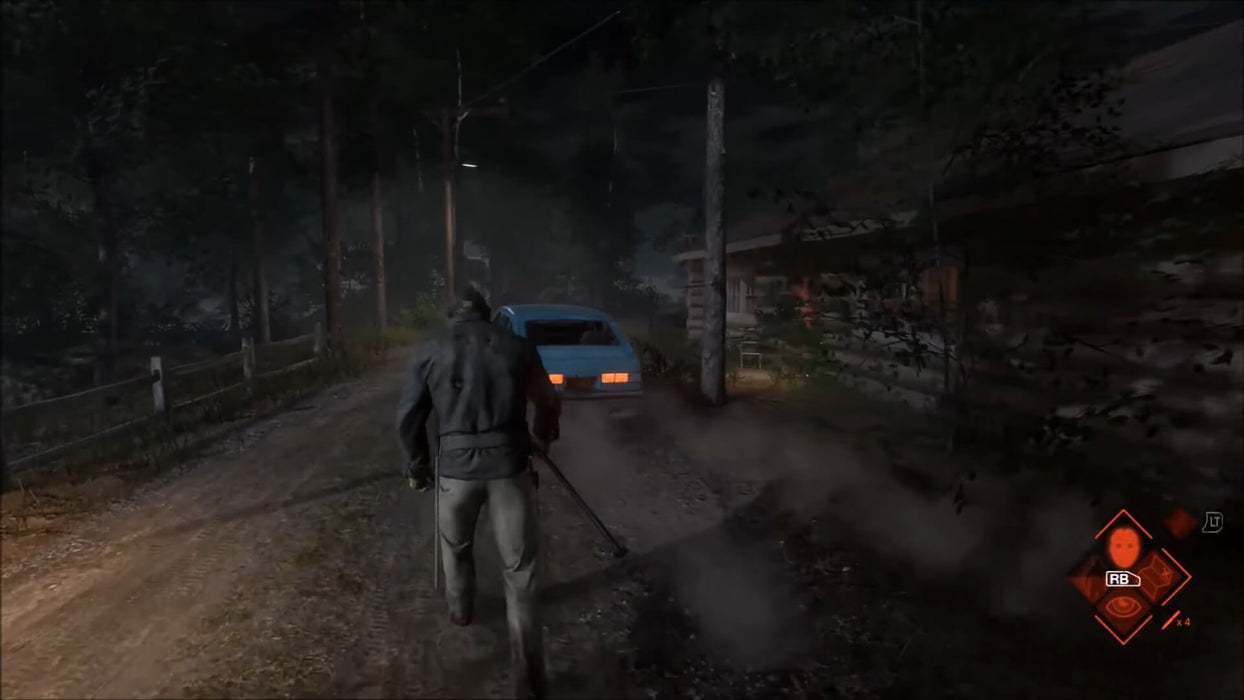 Gameplay screenshot - Friday the 13th: The Game action scene with Jason Voorhees chasing a blue car down a dark road. Players must escape or outsmart Jason in this multiplayer horror game. Purchase your Friday the 13th: The Game Xbox One key at RushGame.co