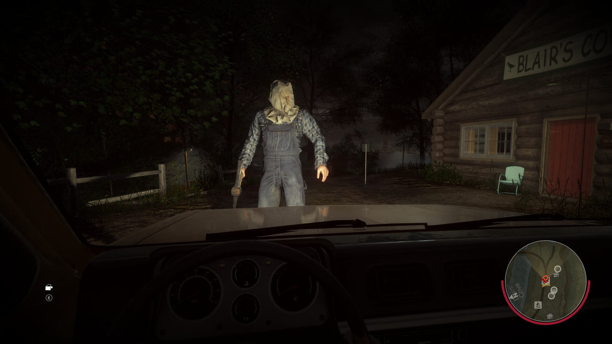 First-person gameplay screenshot from Friday the 13th: The Game on Xbox One, showing Jason Voorhees in overalls standing in front of a car at night, blocking the player's escape. Experience the ultimate horror survival game—buy your CD key at RushGame.co
