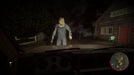 First-person gameplay screenshot from Friday the 13th: The Game on Xbox One, showing Jason Voorhees in overalls standing in front of a car at night, blocking the player's escape. Experience the ultimate horror survival game—buy your CD key at RushGame.co