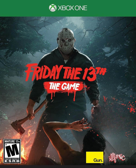 Friday the 13th: The Game cover for Xbox One, featuring Jason Voorhees standing menacingly in a dark forest, holding an axe and machete. The iconic horror slasher game offers intense multiplayer survival action. Get your digital game key now at RushGame.co