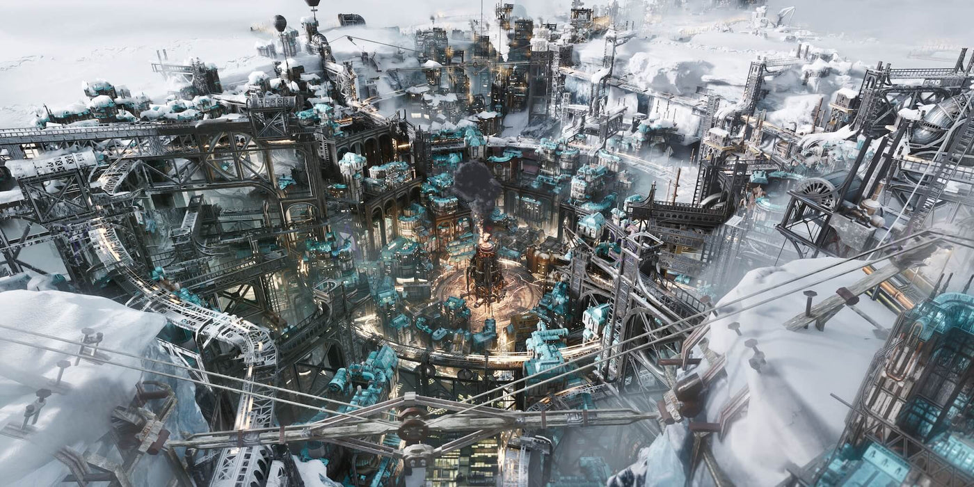 Frostpunk 2 steam code aerial view of a massive industrial city surrounded by snow and ice, showcasing intricate building structures and a central furnace. Buy Frostpunk 2 PC Steam game keys at RushGame.co