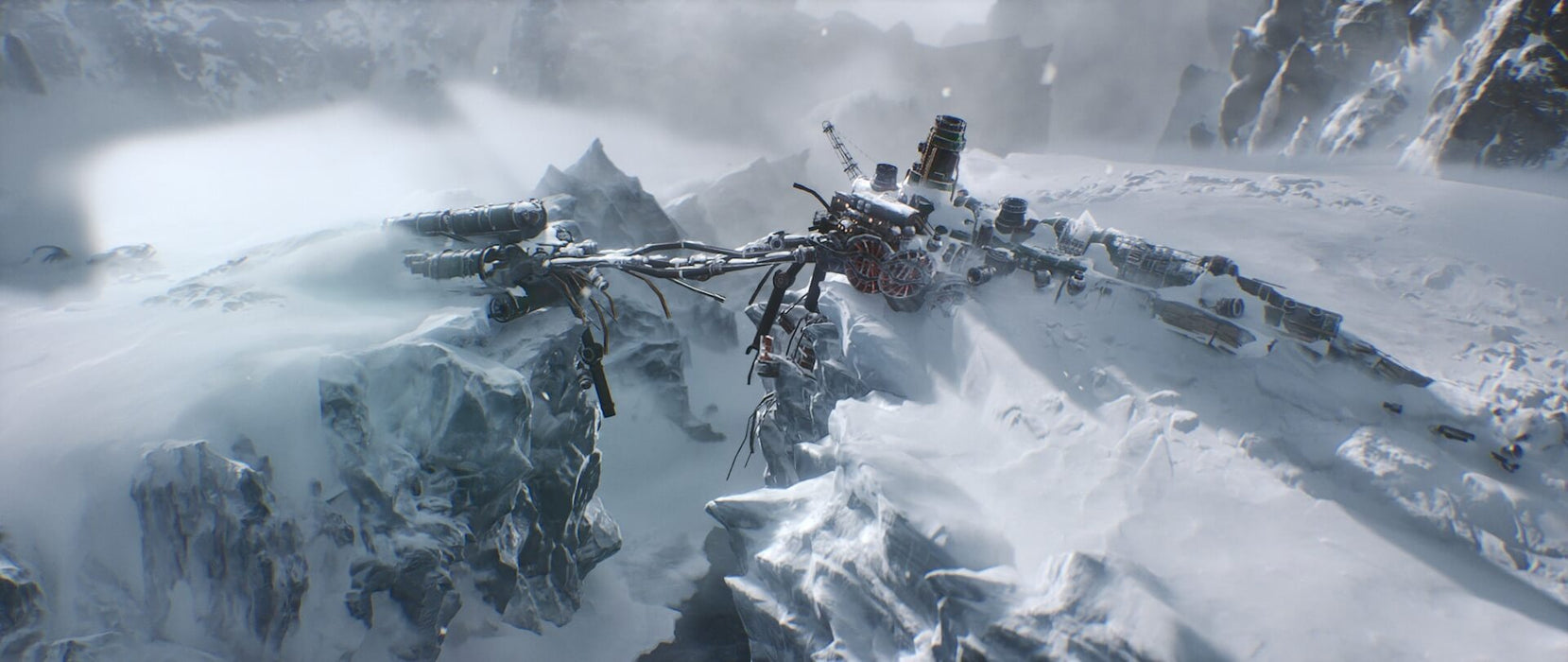 A snow-covered outpost in Frostpunk 2 steam key with broken machinery hanging over a deep crevasse. Explore this frozen wasteland in Frostpunk 2, available for PC Steam at RushGame.co