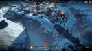 Gameplay screenshot - Frostpunk city-building gameplay with a settlement precariously built on a frozen cliffside, connected by bridges. The game’s harsh winter environment pushes players to make difficult decisions. Buy your Frostpunk Game of the Year Edition key now at RushGame.co and test your survival strategy