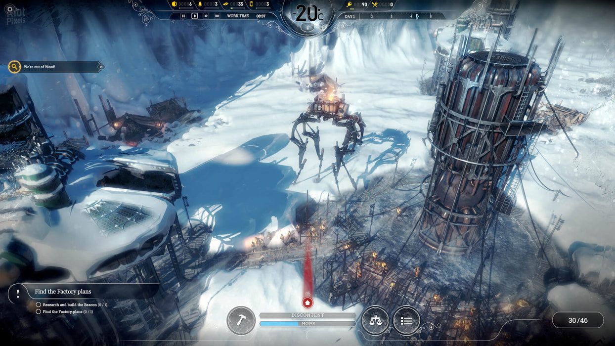 Frostpunk in-game screenshot showing an automaton working in the snow-covered settlement. The steampunk survival game challenges players to expand their city while battling the harsh cold. Get your Frostpunk GOTY Edition CD key at RushGame.co