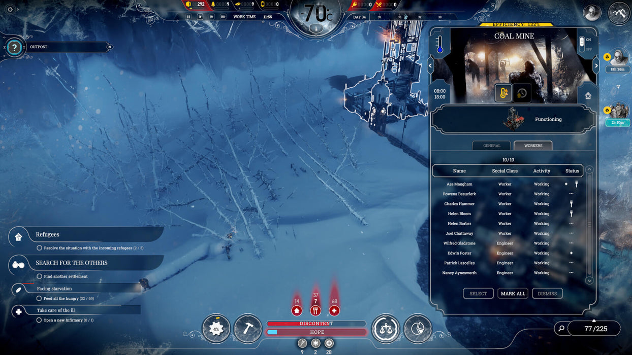 Frostpunk gameplay screenshot displaying a coal mine interface with worker assignments and efficiency stats. The frozen landscape highlights the game’s intense survival mechanics. Manage your city’s workforce and keep the generator running—buy your Frostpunk Steam key at RushGame.co