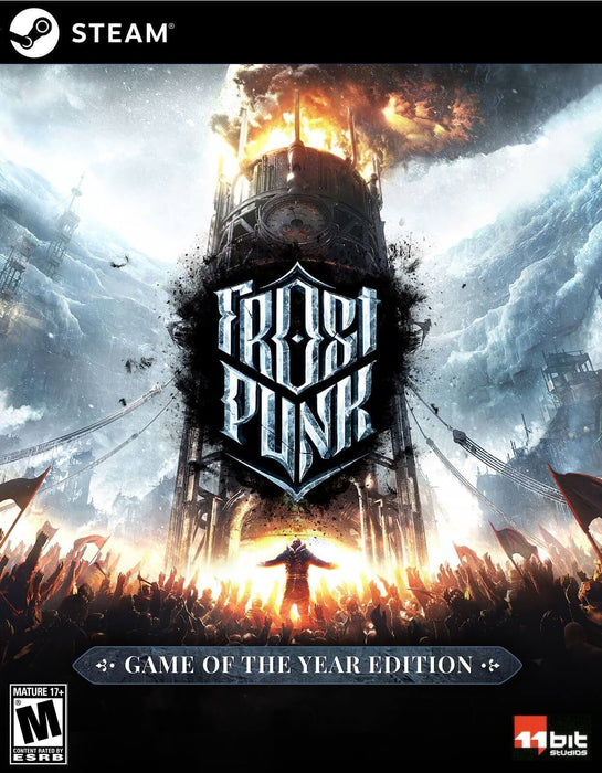 Frostpunk: Game of the Year Edition cover for PC Steam, featuring a towering generator burning amidst an icy wasteland, with a leader standing before a desperate crowd. This city-building survival game challenges players to manage resources and make tough moral choices. Get your Frostpunk GOTY digital key now at RushGame.co