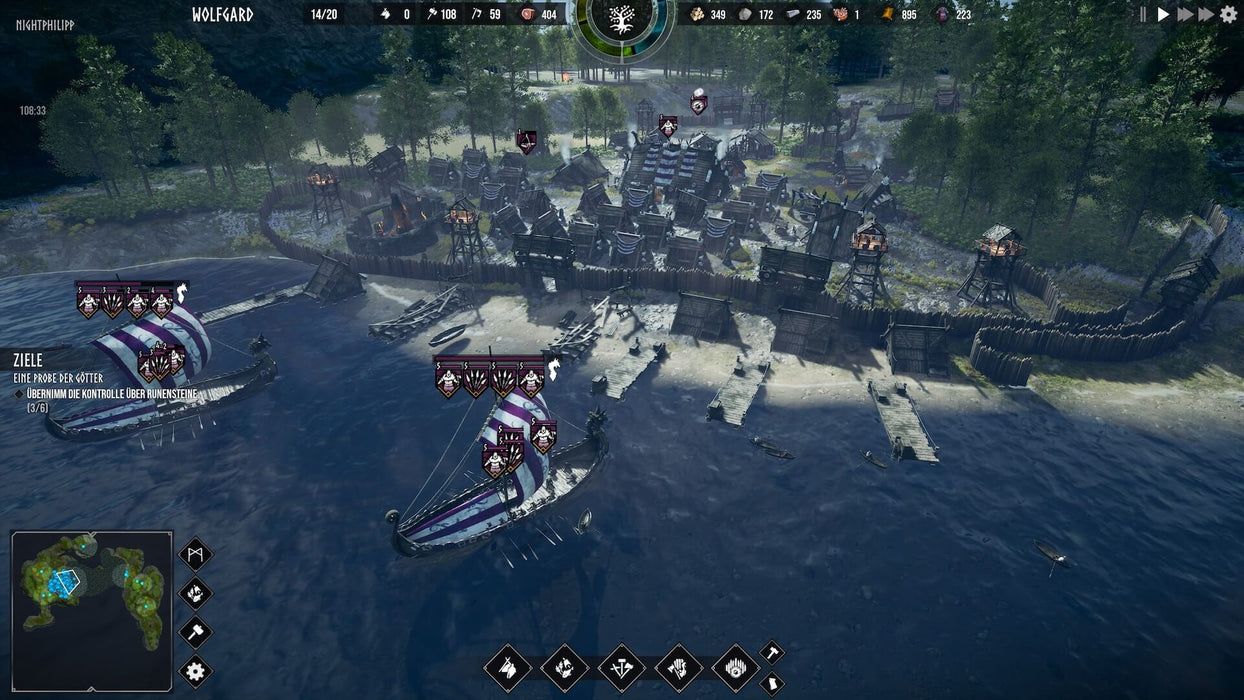 Frozenheim in-game battle scene featuring Viking longships arriving at a fortified settlement, ready for an attack. Manage your clan, raid enemy villages, and survive the harsh Nordic environment—purchase your Frozenheim CD key at RushGame.co