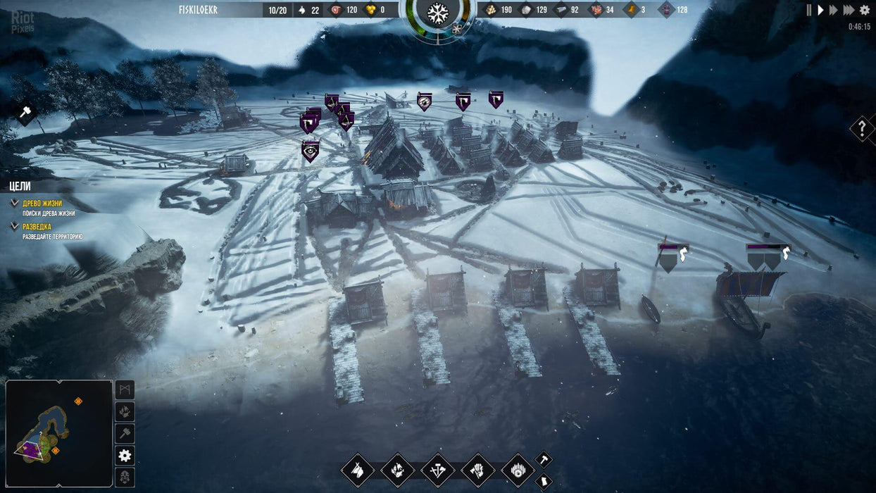 Frozenheim gameplay screenshot showcasing a Viking settlement covered in snow, with longhouses and ships docked at the frozen shore. Survive winter, expand your village, and lead your clan to victory. Get your Frozenheim PC Steam key now at RushGame.co