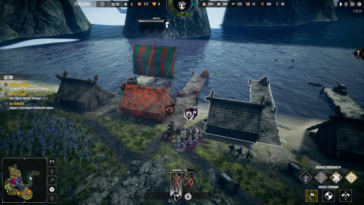 Frozenheim gameplay screenshot showing a Viking village by the coast, with warriors engaging in battle near wooden docks. The game combines real-time strategy with city-building mechanics. Buy your Frozenheim PC Steam key at RushGame.co and conquer the North