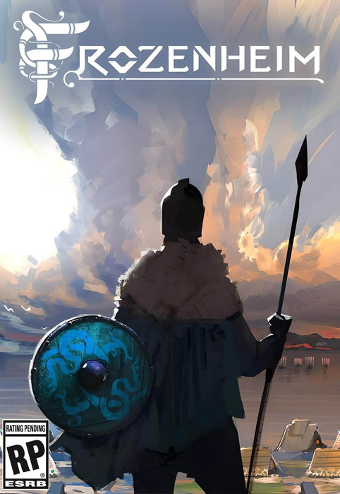 Frozenheim cover for PC Steam, featuring a Viking warrior holding a spear and a round shield adorned with Nordic symbols, overlooking a fjord at sunset. This city-building strategy game lets players command Viking clans and build thriving settlements. Get your Frozenheim digital key now at RushGame.co
