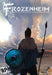 Frozenheim cover for PC Steam, featuring a Viking warrior holding a spear and a round shield adorned with Nordic symbols, overlooking a fjord at sunset. This city-building strategy game lets players command Viking clans and build thriving settlements. Get your Frozenheim digital key now at RushGame.co
