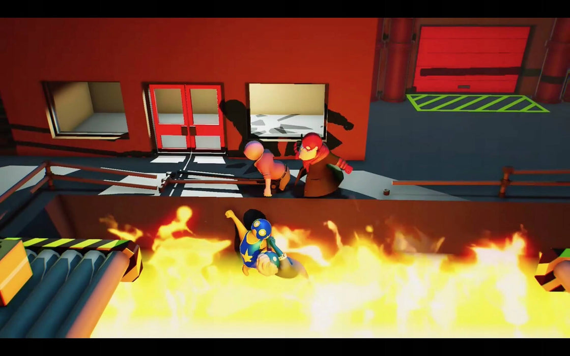 Gang Beasts gameplay screenshot showing players battling near a fire pit, with one character falling into the flames. This multiplayer party brawler is full of ridiculous and unpredictable fights. Buy your Gang Beasts PC Steam key now at RushGame.co