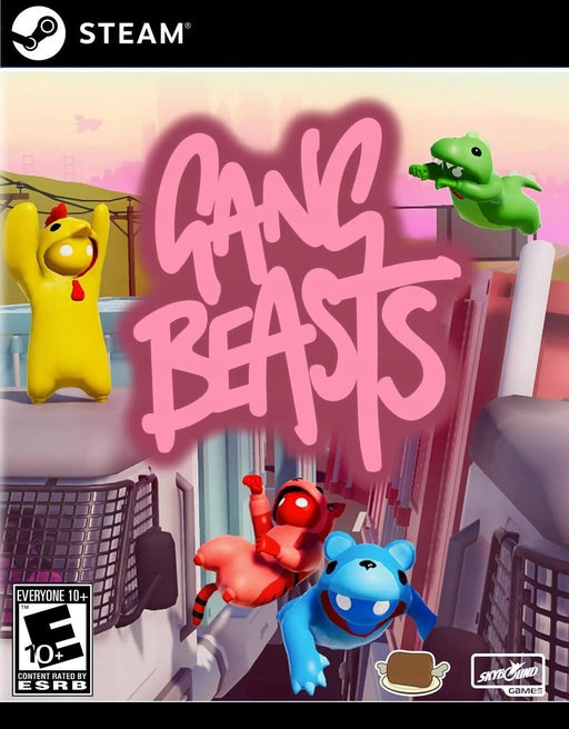 Gang Beasts cover for PC Steam, featuring colorful, gelatinous characters in wacky costumes fighting atop moving trucks. This hilarious multiplayer brawler offers chaotic physics-based combat. Get your Gang Beasts digital key now at RushGame.co and join the fun