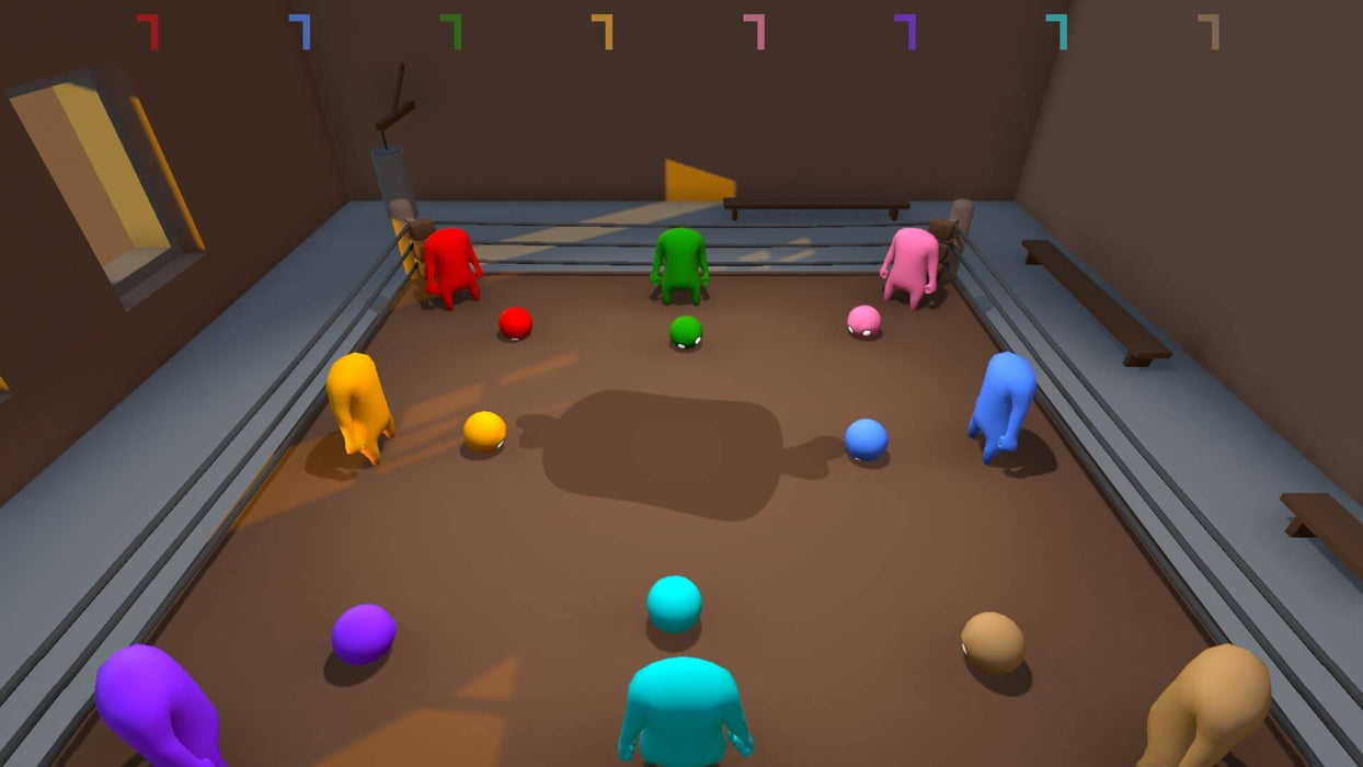 Scene from Gang Beasts on Xbox One, showcasing multiple colorful characters preparing for a hilarious dodgeball-style fight in a dimly lit arena. Buy your Gang Beasts CD Key at RushGame.co and join the brawling madness