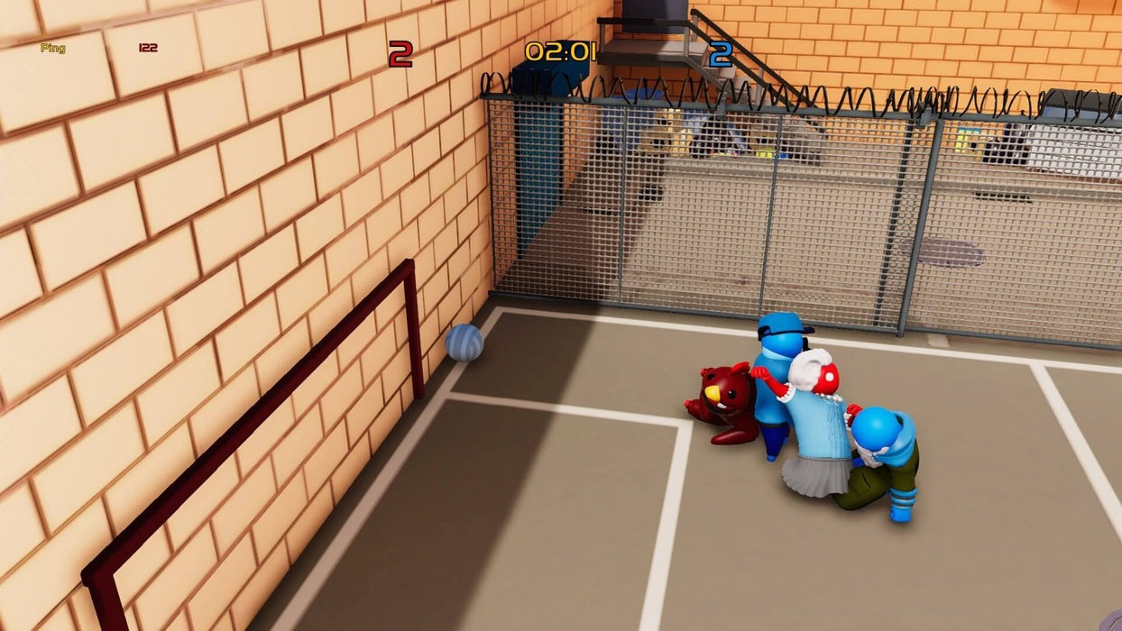 Gameplay screenshot from Gang Beasts on Xbox One, featuring colorful, ragdoll-like characters engaged in a chaotic brawl on a fenced-in court. Get your digital game key at RushGame.co for instant delivery and online fun!