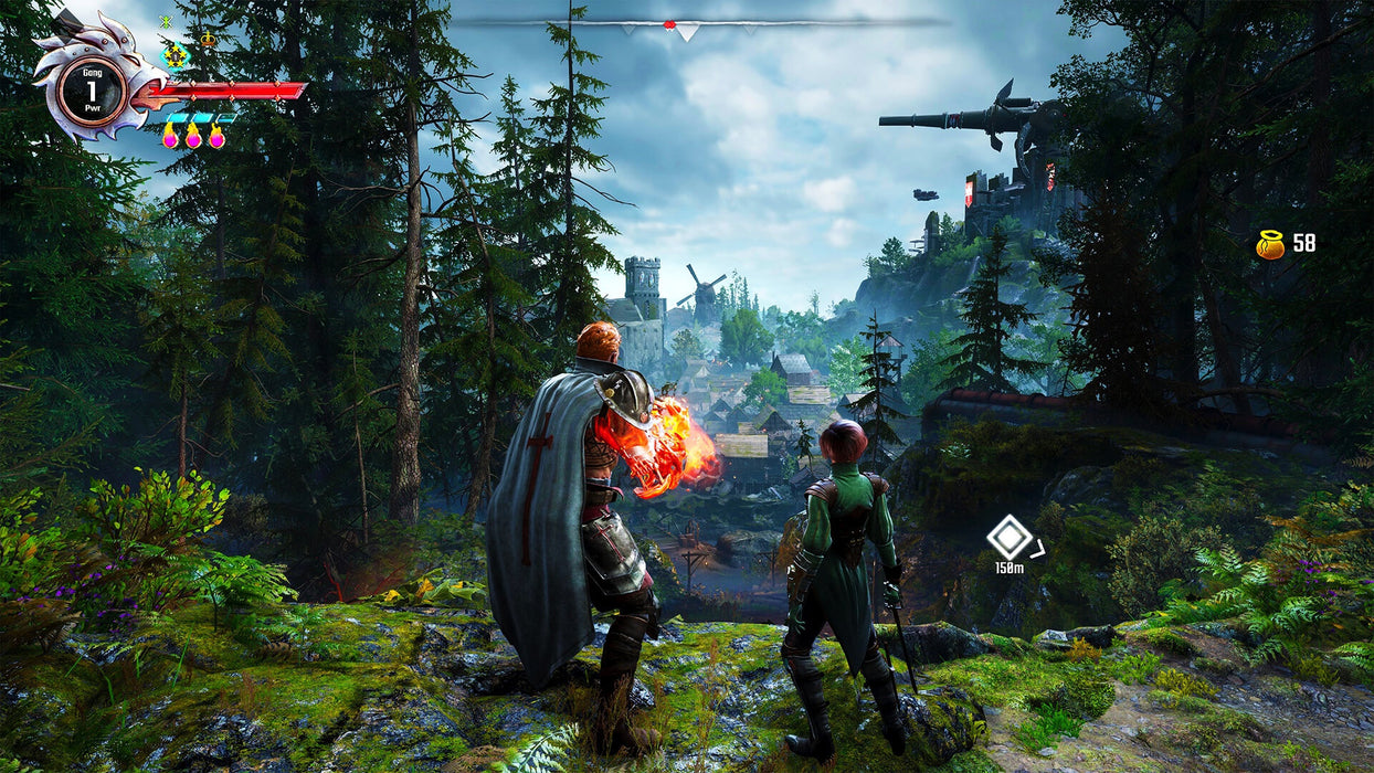 Stunning open-world environment in Gangs of Sherwood on PC Steam, showing two heroes overlooking a medieval city under siege. Buy your digital game key at RushGame.co and lead the fight against tyranny