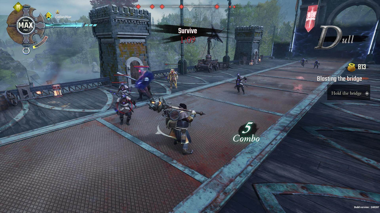 Gameplay screenshot - Action-packed battle scene from Gangs of Sherwood on PC Steam, where players fight against armored enemies on a medieval-style bridge. Experience intense co-op gameplay by purchasing your digital game key at RushGame.co