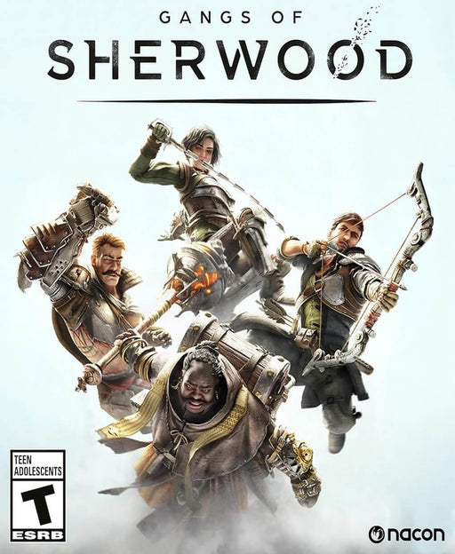 Official cover art for Gangs of Sherwood on PC Steam, featuring four legendary heroes, including Robin Hood, ready for battle. Get your Steam CD Key instantly at RushGame.co and join the rebellion