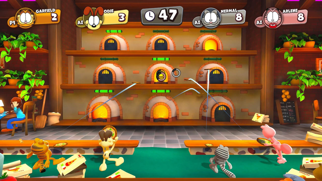 Gameplay screenshot - Hilarious cooking challenge in Garfield Lasagna Party on PS5, where players toss pizzas in a busy Italian-style restaurant. Get your digital game key at RushGame.co and enjoy wacky multiplayer mini-games!