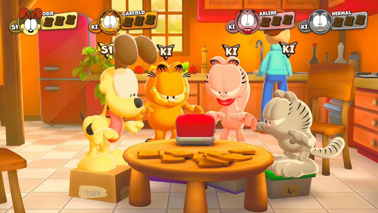 Gamplay screenshot - Garfield, Odie, Arlene, and Nermal eagerly await toast in a fun minigame from Garfield Lasagna Party on PS5. Purchase your PS5 CD Key instantly at RushGame.co and experience the ultimate party game!