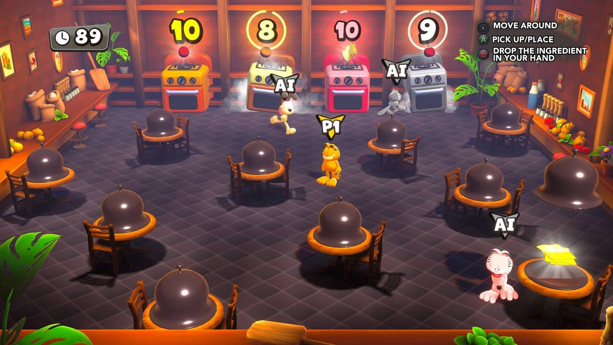 Gameplay screenshot - Garfield and friends compete in a fast-paced kitchen minigame in Garfield Lasagna Party on PS5, racing to collect ingredients for the perfect lasagna. Buy your PS5 CD Key at RushGame.co and join the fun