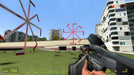 First-person gameplay screenshot in Garry's Mod on PC Steam, featuring a futuristic weapon and custom-built spinning contraptions in an urban environment. Purchase your Steam CD Key at RushGame.co and explore limitless modding