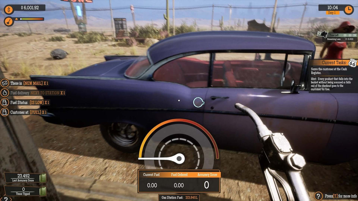 Gas Station Simulator gameplay screenshot showing a classic purple car being refueled at a remote desert gas station. The player's interface displays fuel levels, tasks, and customer interactions. Buy your Gas Station Simulator PC Steam CD Key at RushGame.co for an immersive management experience