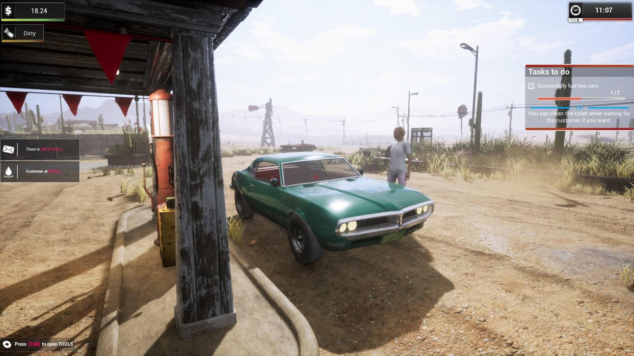 A green muscle car parked at a dusty gas station in Gas Station Simulator, with a customer waiting for fuel service. The desert environment and retro aesthetic enhance the simulation experience. Get your Gas Station Simulator PC Steam CD Key now at RushGame.co and start your own gas station business