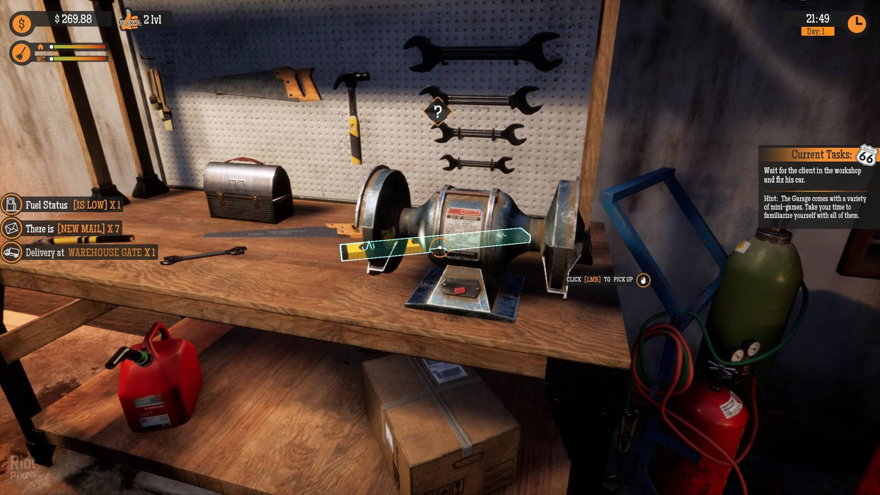 A detailed workshop view in Gas Station Simulator, featuring a workbench with tools, a grinding machine, and a red fuel canister. The game includes vehicle repairs and maintenance tasks for a realistic gas station management experience. Purchase your Gas Station Simulator PC Steam CD Key at RushGame.co today