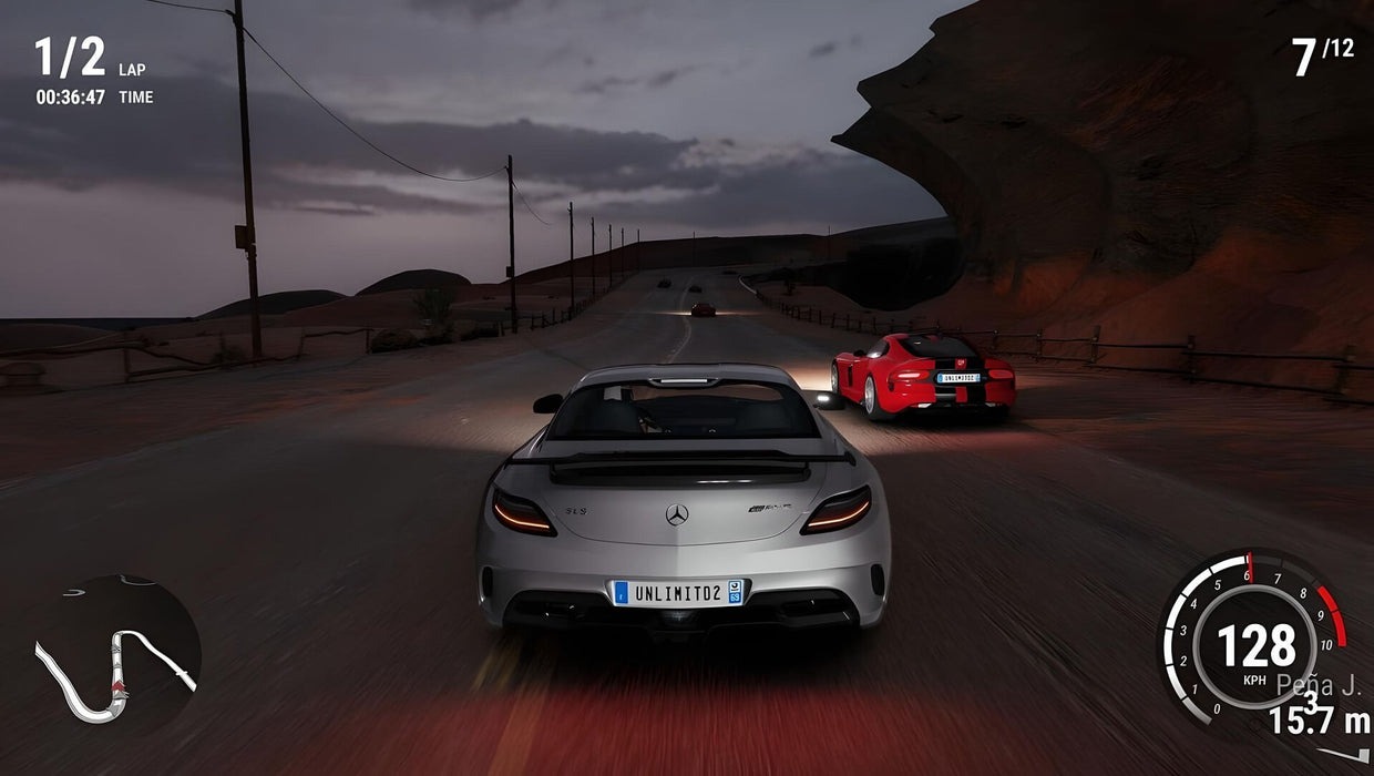 Gameplay screenshot - Nighttime racing in Gear.Club Unlimited 2 Ultimate Edition, featuring a silver Mercedes chasing a red sports car under dim desert lights. The speedometer shows high-speed action on a winding track. Buy your PC Steam CD Key at RushGame.co and race to victory