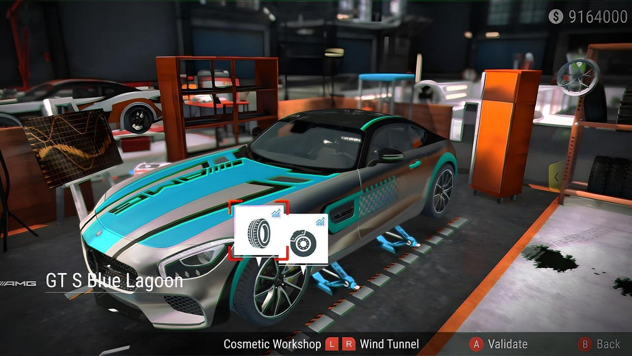 Gameplay screen - A sleek Mercedes AMG GT being customized in the cosmetic workshop of Gear.Club Unlimited 2 Ultimate Edition. Players can adjust tires, aerodynamics, and car performance for the ultimate racing experience. Get your PC Steam CD Key now at RushGame.co and fine-tune your dream ride