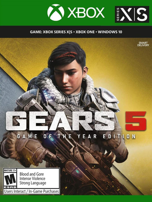 Cover art for Gears 5 Game of the Year Edition on Xbox One, Xbox Series X/S, and PC Windows, featuring Kait Diaz in battle armor holding a futuristic weapon. Experience the ultimate action-packed shooter—get your Gears 5 Game of the Year Edition key now at RushGame.co