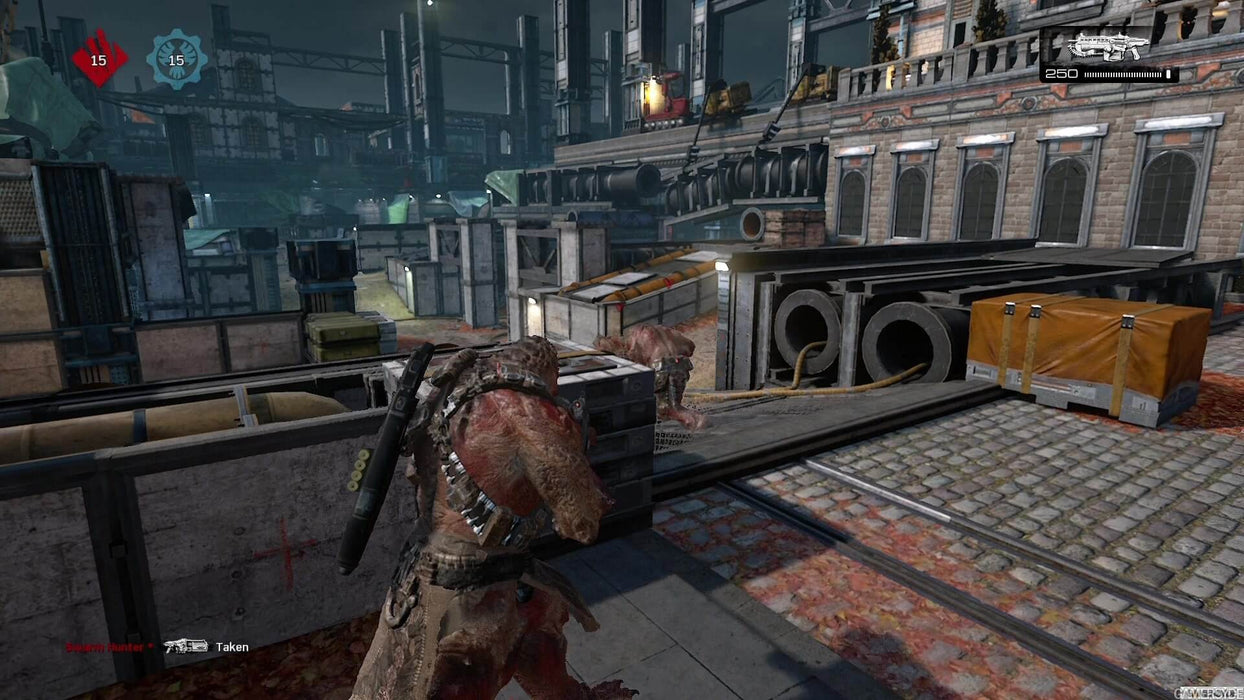 Gameplay screenshot - A Gears of War 4 multiplayer match set in an industrial complex, featuring a Swarm warrior navigating cover-based combat. Engage in thrilling PvP battles—buy your Gears of War 4 Xbox Series and One CD Key at RushGame.co