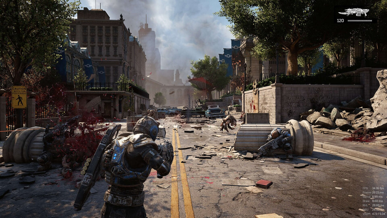 Gears of War 4 gameplay screenshot showcasing a chaotic battle in a destroyed city street, with a soldier engaging Swarm enemies in brutal combat. Get your Gears of War 4 Xbox CD Key at RushGame.co and join the fight