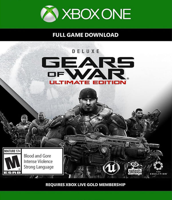 Official cover art for Gears of War: Ultimate Edition Deluxe Version on Xbox One, featuring Marcus Fenix and his squad in battle-ready stances with the iconic skull logo in the background. Relive the classic third-person shooter with enhanced visuals—buy your Gears of War: Ultimate Edition Deluxe Version Xbox One CD Key US at RushGame.co