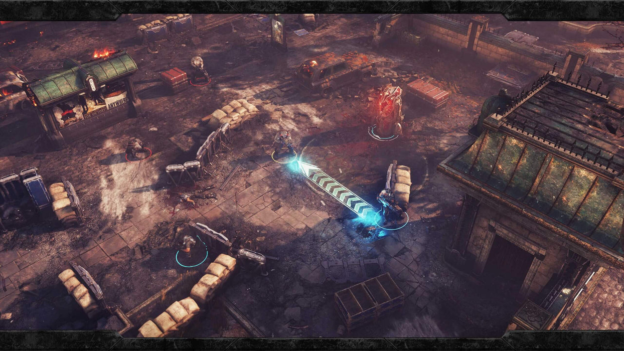 Gears Tactics Default Title and Series X/S gameplay screenshot showcasing a tactical battle scene in an urban war zone. Players control their squad in turn-based strategy combat against the Locust forces. Get your Gears Tactics Xbox digital key at RushGame.co
