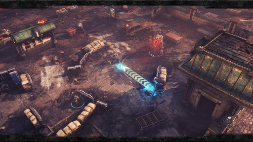 Gears Tactics Xbox One and Series X/S gameplay screenshot showcasing a tactical battle scene in an urban war zone. Players control their squad in turn-based strategy combat against the Locust forces. Get your Gears Tactics Xbox digital key at RushGame.co