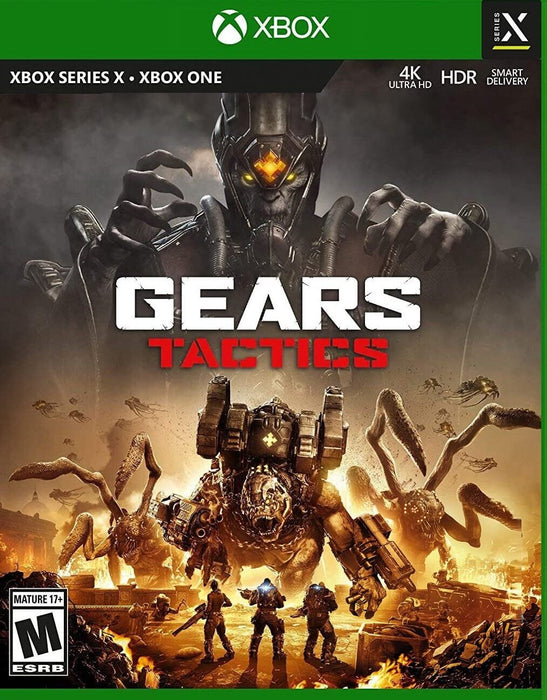 Official cover art for Gears Tactics on Default Title and Xbox Series X/S, featuring a dark, action-packed battlefield with monstrous enemies and a squad of soldiers ready for turn-based strategy combat. Experience tactical warfare in the Gears universe—buy your Gears Tactics Xbox CD Key at RushGame.co