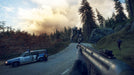 Gameplay screenshot - A first-person view of an intense moment in Generation Zero, with a player aiming at an advancing robotic enemy on a desolate road, alongside a Swedish police vehicle. Get your Generation Zero Steam Key at RushGame.co and join the fight for survival
