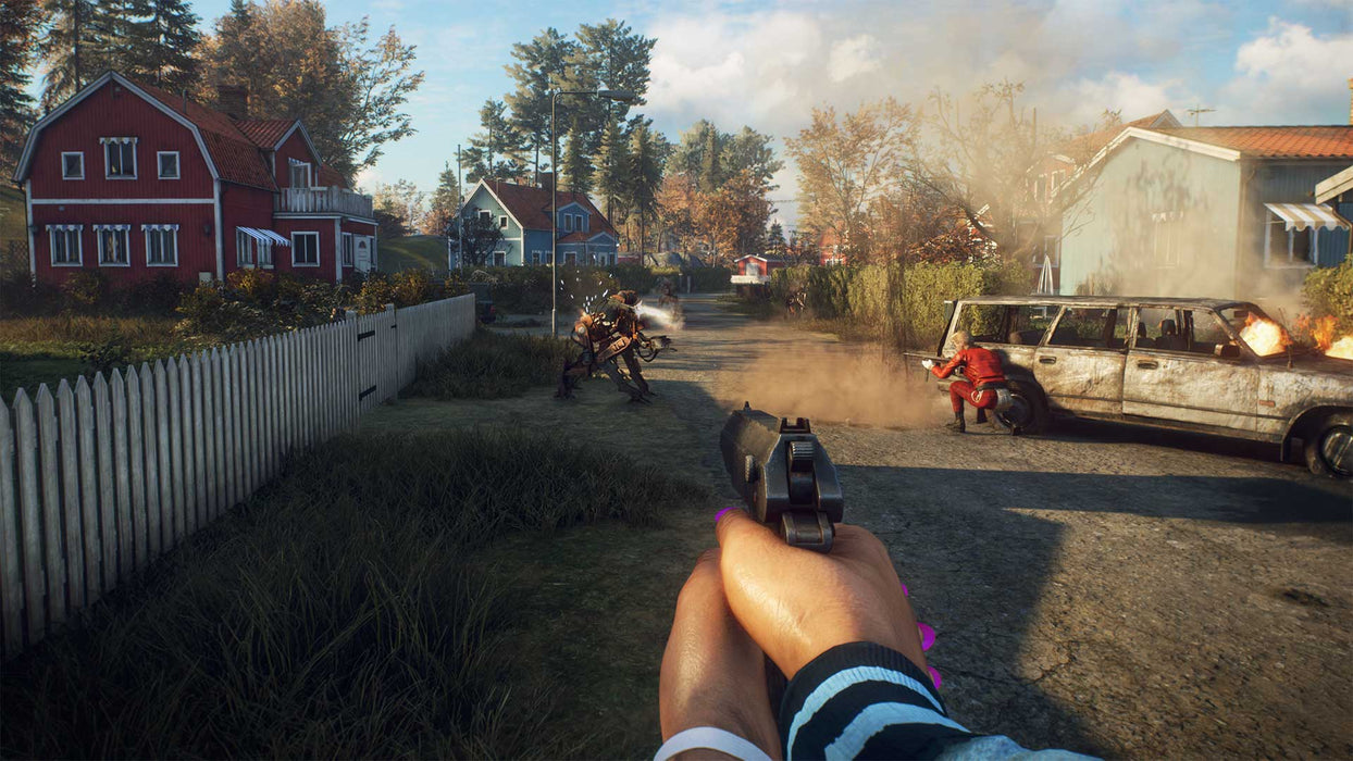 Combat action in Generation Zero, as players take cover behind burning vehicles while engaging robotic enemies in a suburban setting. Buy your Generation Zero PC Steam CD Key for an immersive co-op experience at RushGame.co