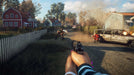 Combat action in Generation Zero, as players take cover behind burning vehicles while engaging robotic enemies in a suburban setting. Buy your Generation Zero PC Steam CD Key for an immersive co-op experience at RushGame.co