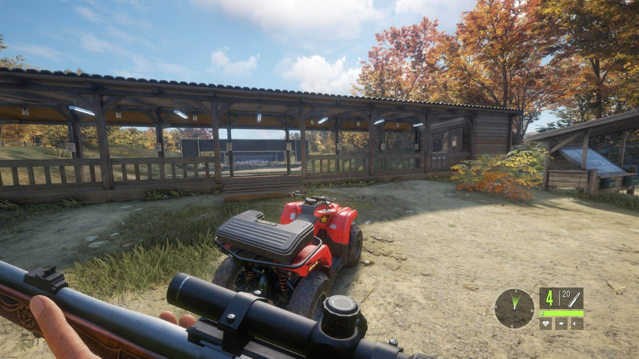 First-person gameplay in Generation Zero, showing a player aiming a scoped rifle at an outdoor shooting range with a parked ATV nearby. Explore the open world and battle mechanical threats—available now on RushGame.co