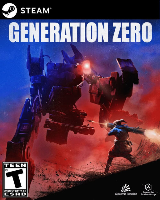 Official cover art for Generation Zero on PC Steam, featuring an intense battle scene with a lone fighter launching a missile at a towering robotic enemy. Get your Generation Zero Steam CD Key instantly at RushGame.co