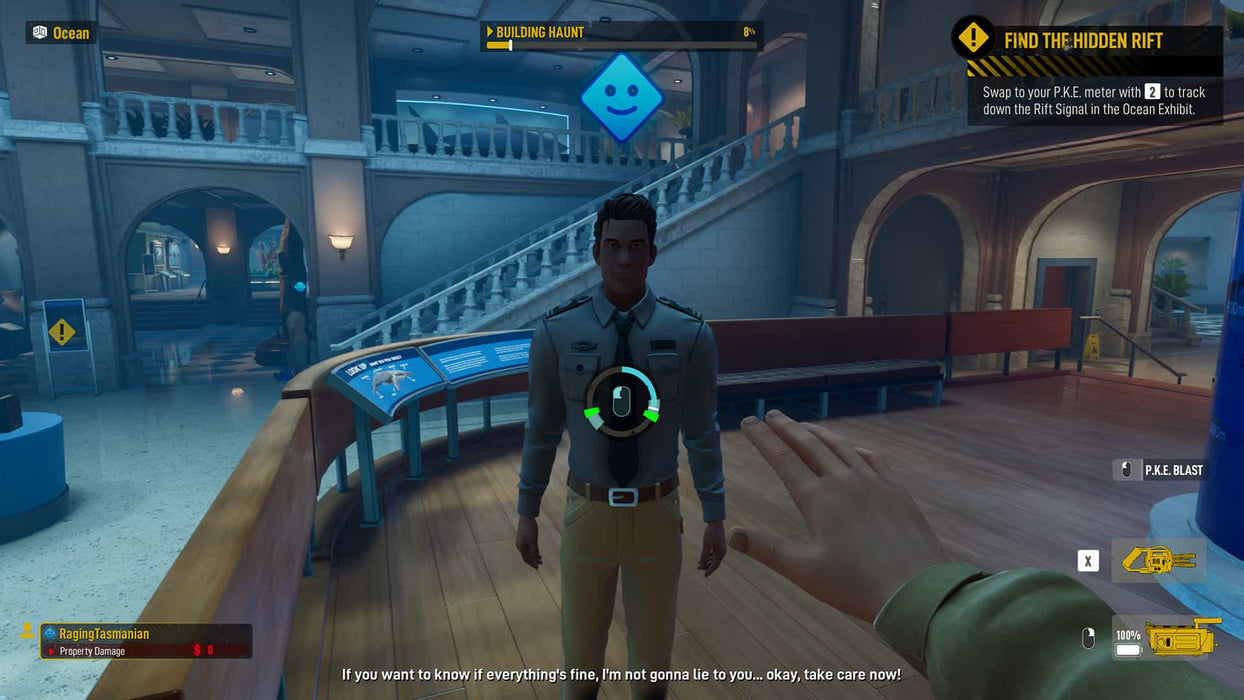 Gameplay screenshot - Supernatural investigation in Ghostbusters: Spirits Unleashed on PC, with a player scanning a suspicious NPC inside a grand museum to track paranormal activity. Hunt ghosts or play as one—grab your Epic Games CD Key now at RushGame.co and start the hunt